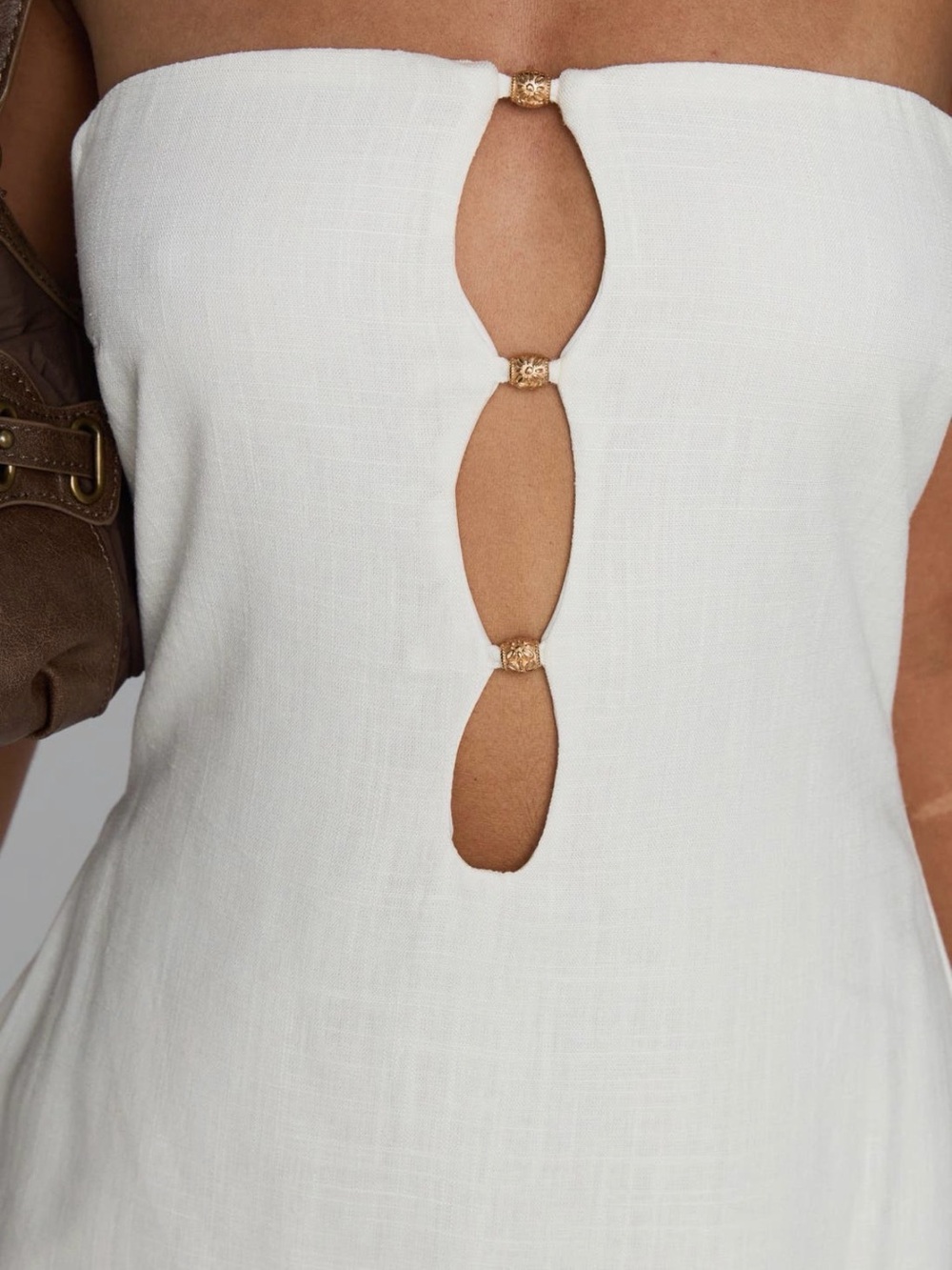 White Strapless Linen Dress with Gold Accent Rings